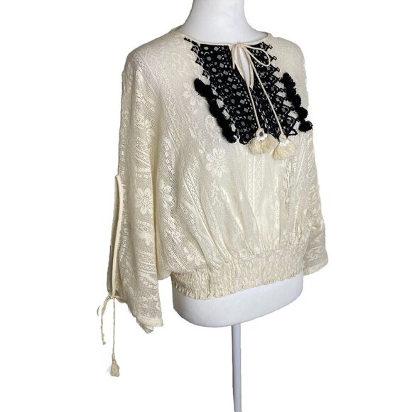 Vineet Bahl Anthropologie Lona Lace Boho Blouse Peasant Cream Black Tassel Top S - Picture 6 of 13
